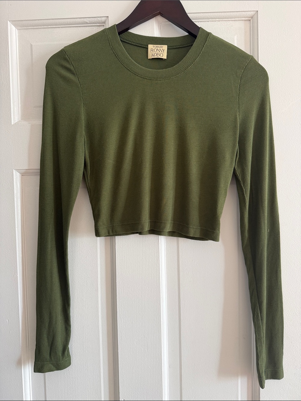 Torn by Ronny Kobo Olive Ribbed Long-Sleeve Crop Top